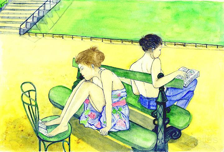 banc public fille de dos.JPG - printemps